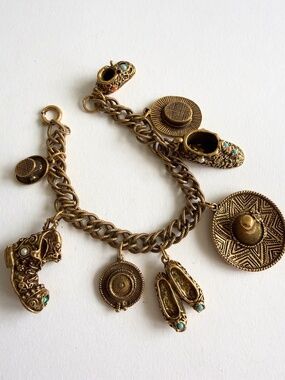 Vintage Mexican Hat Shoes Rhinestone Gold Tone Ornate Charm Bracelet